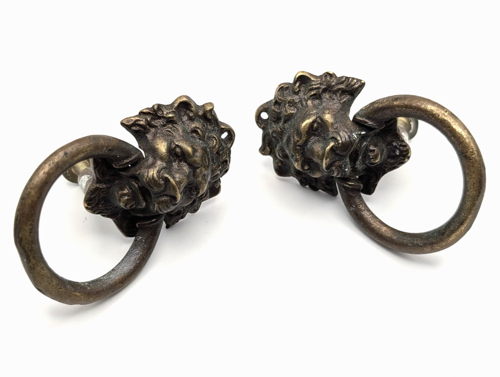 Vintage Lion Head Ring Pull Handles Brass Drawer Pulls Cabinet Hardware Set of 2