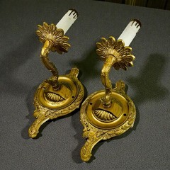 Pair Vintage Brass Electric Wall Sconces Candle Lights Fixtures Rococo Victorian