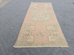 Vintage Turkish Oushak Rug 1.3×2.9 Hand Knotted Wool Pink Grey Tribal Boho