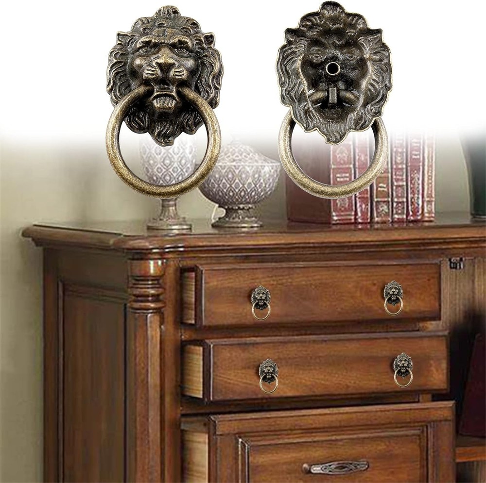 6PCS Lion Head Drawer Knobs Antique Bronze Ring Pull Handles with Screws New USA