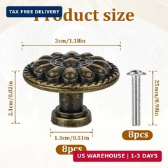 8 Vintage Antique Brass Knobs Handles Pulls – Flower Pattern for Cabinets Drawer