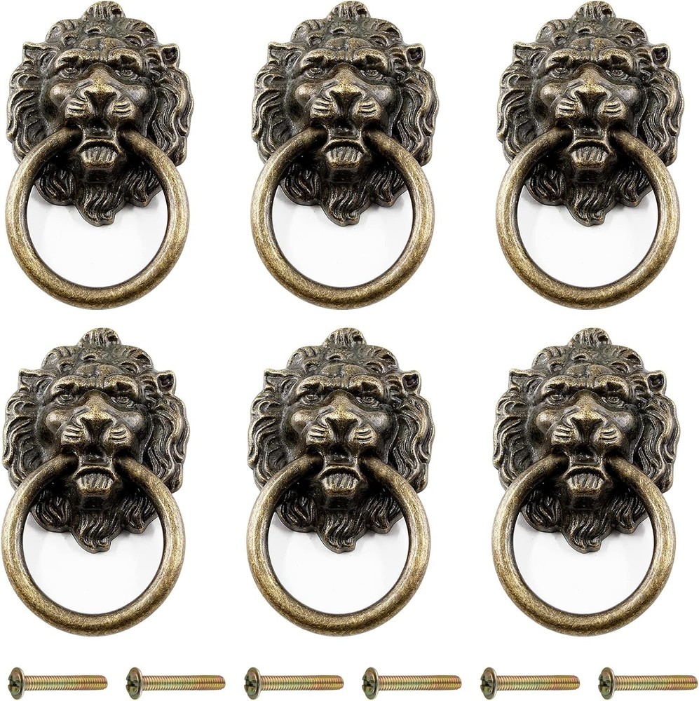 Zorfeter 6 Pcs Lion Head Knobs Pull, Antique Bronze Ring Pull Handles for Dresse