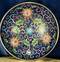 ANTIQUE CHINESE CLOISONNE DARK BLUE BOWL WITH GOLD TRIM 5 INCHES