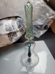 Clear Thin Glass Bell w/White Stripes & Green Clapper & Beads Vtg. Epic!!