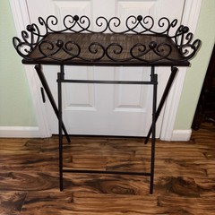 VTG-Black Iron Folding Butlers Tray Table -scroll Work and Parquet Wood Top