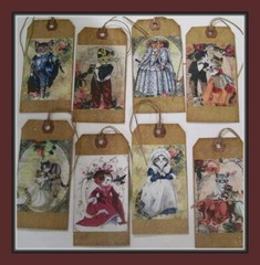 FANCY VICTORIAN DRESSED CATS – SET OF EIGHT HANG TAGS WITH A TOUCH OF GLITTER