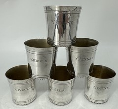 6 Prima NS Silver Plated Shot Glass Cups, 1.75″ engraved w/ Names VGC