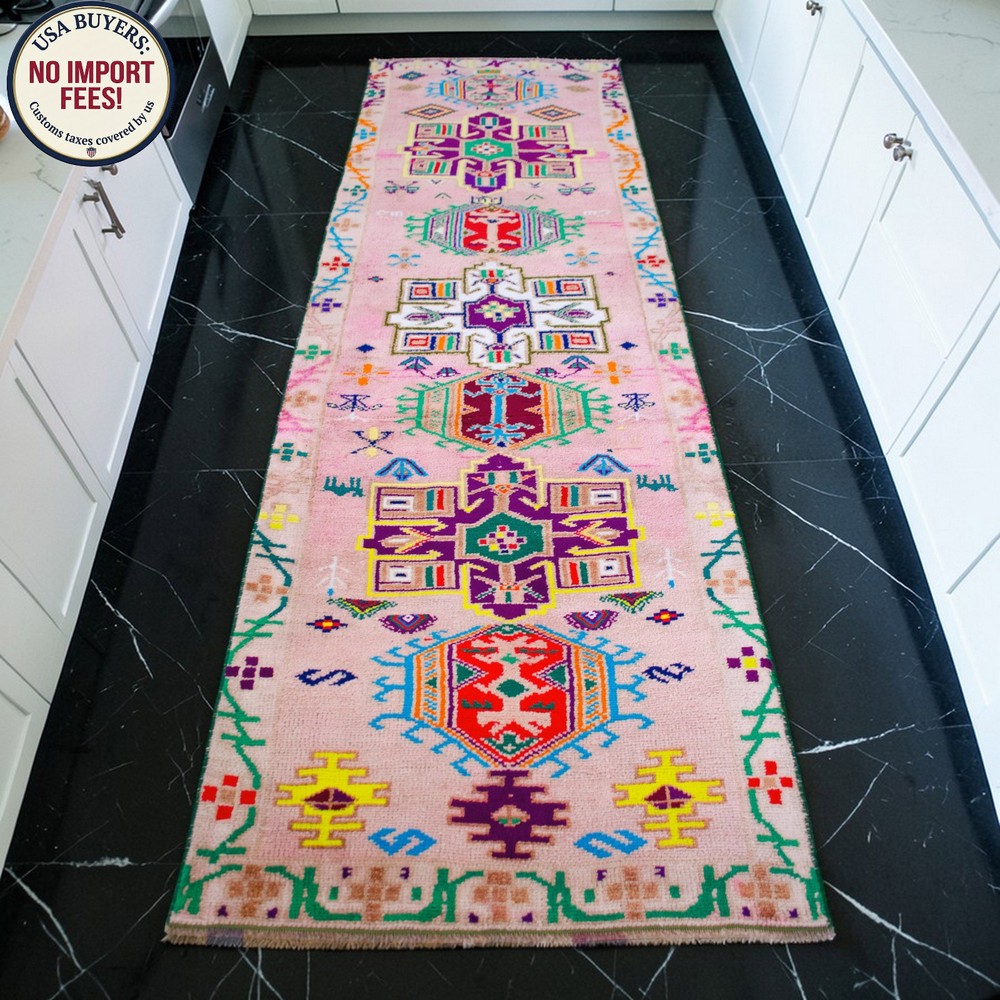 3×10 ft Runner Rug HandMade Colorful Turkish Rug Hallway Rug Kitchen Decor PINK